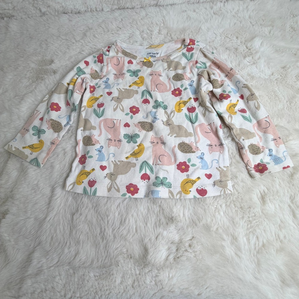 Carters Baby Girls 18M Long Sleeve Animal Print Shirt Cat Rabbit Hedgehog Bird